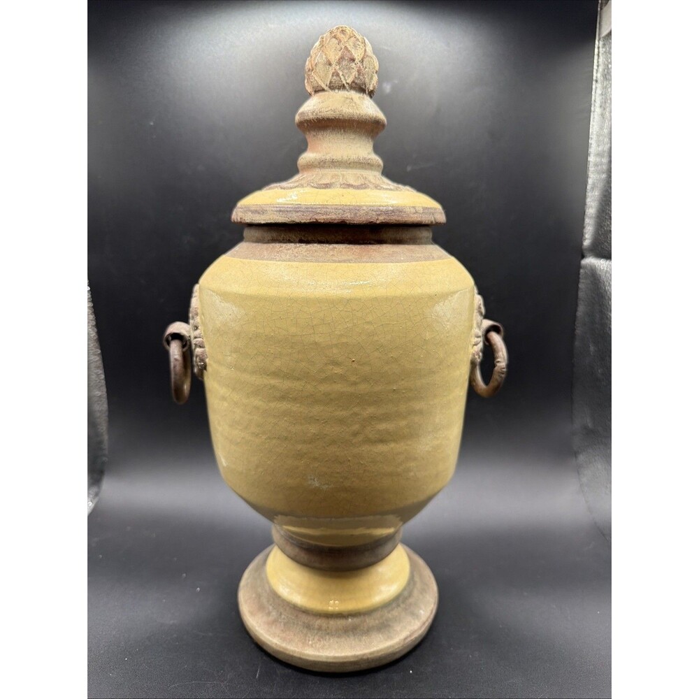 Vintage Clay Urn With Metal Handles And A Lid 12” Tall